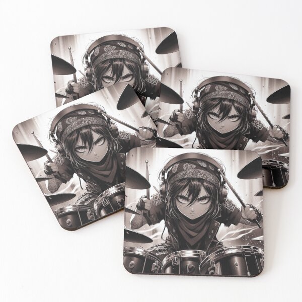 Artikelvorschau, Kampfrhythmus | Mikasa Ackerman spielt Schlagzeug – Attack on Titan Monochrome Art entworfen und verkauft von BazarGeek.
