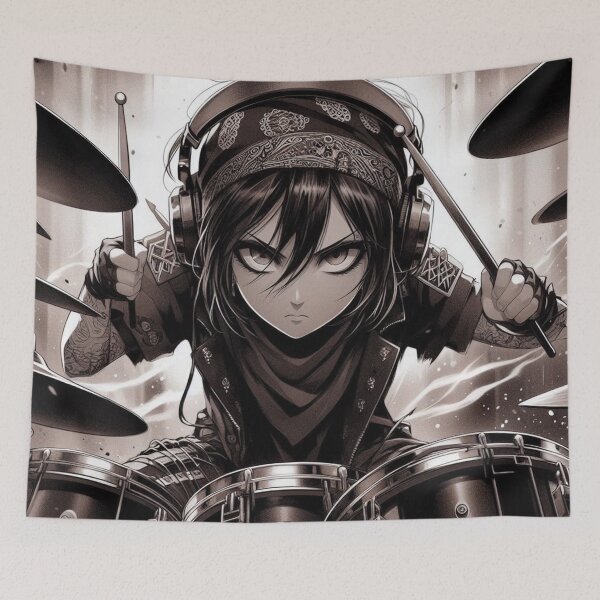 Artikelvorschau, Kampfrhythmus | Mikasa Ackerman spielt Schlagzeug – Attack on Titan Monochrome Art entworfen und verkauft von BazarGeek.