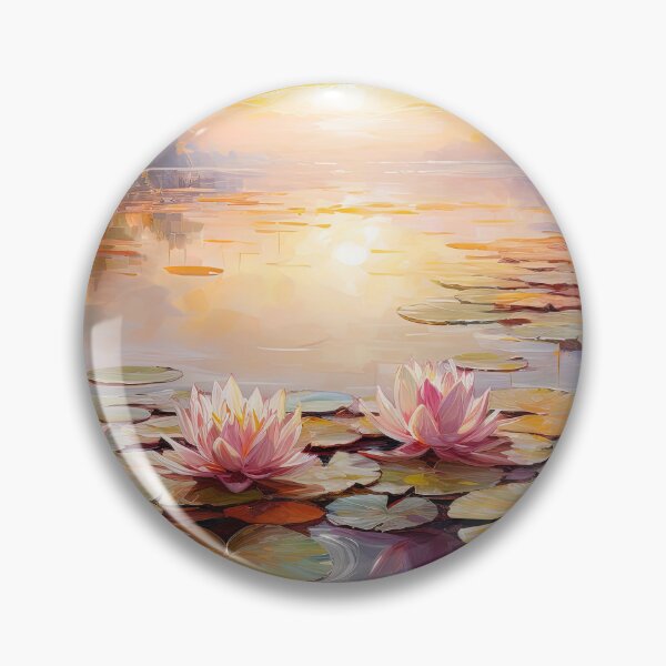 Item preview, Misty lake and water lilies with trees at sunset - Landscape painting designed and sold by TheArtistOf2022.
