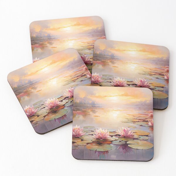 Item preview, Misty lake and water lilies with trees at sunset - Landscape painting designed and sold by TheArtistOf2022.