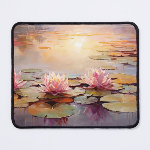 Item preview, Misty lake and water lilies with trees at sunset - Landscape painting designed and sold by TheArtistOf2022.