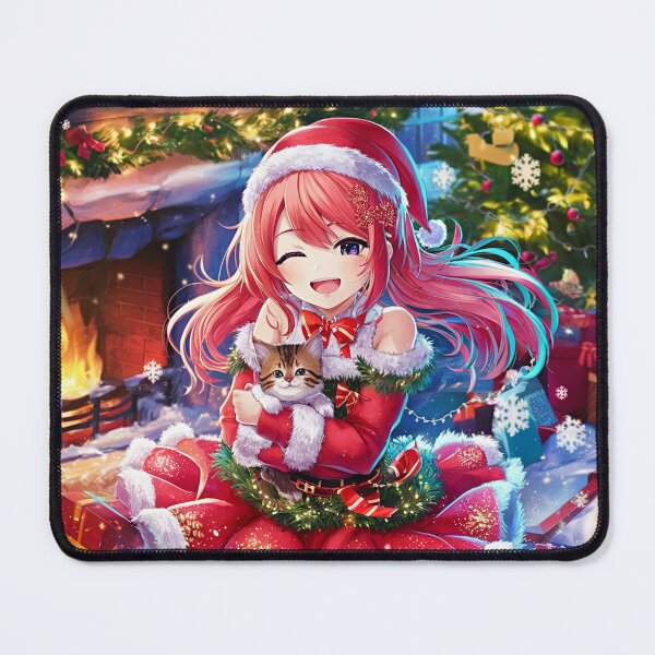 Item preview, Pink Christmas | Anime Girl With Calm Kitten designed and sold by PinkGoddessLove.