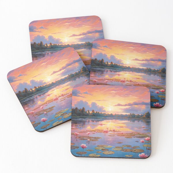 Item preview, Misty lake and water lilies with trees at sunset - Landscape painting designed and sold by TheArtistOf2022.