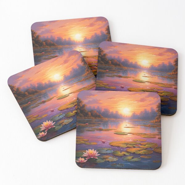 Item preview, Misty lake and water lilies with trees at sunset - Landscape painting designed and sold by TheArtistOf2022.