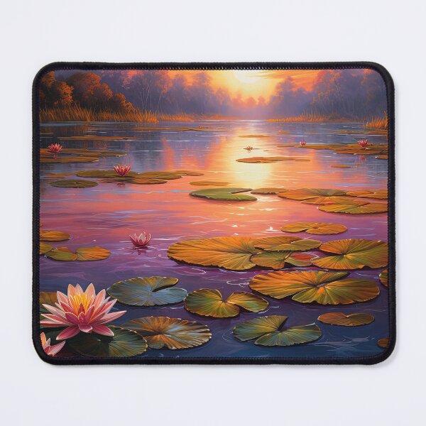 Item preview, Misty lake and water lilies with trees at sunset - Landscape painting designed and sold by TheArtistOf2022.