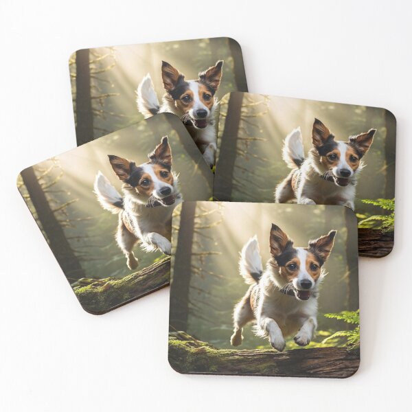 Item preview, dog jumping in a forest designed and sold by vibrantprintsco.