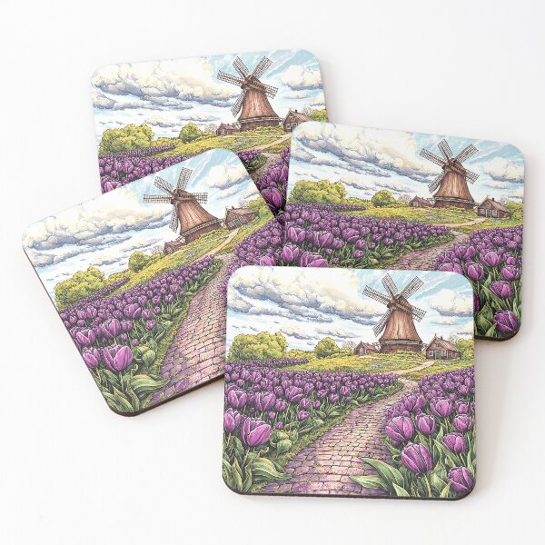 Item preview, Intricate Illustration of Tulip Fields with Traditional Dutch Windmill and Purple Tulips designed and sold by PaintbrushPlace.