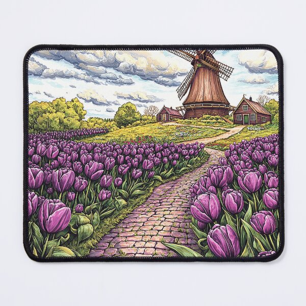 Item preview, Intricate Illustration of Tulip Fields with Traditional Dutch Windmill and Purple Tulips designed and sold by PaintbrushPlace.