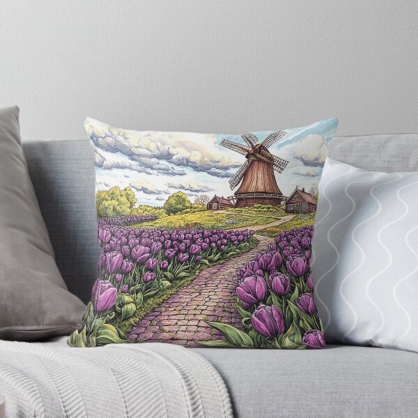 Item preview, Intricate Illustration of Tulip Fields with Traditional Dutch Windmill and Purple Tulips designed and sold by PaintbrushPlace.