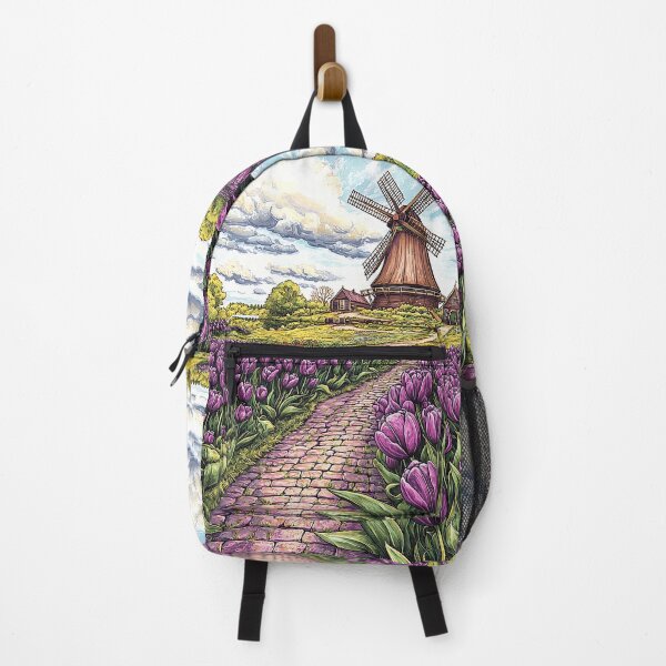 Item preview, Intricate Illustration of Tulip Fields with Traditional Dutch Windmill and Purple Tulips designed and sold by PaintbrushPlace.