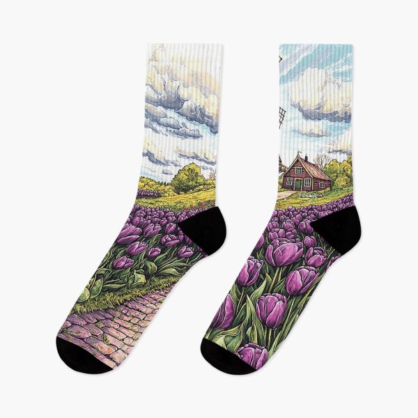 Item preview, Intricate Illustration of Tulip Fields with Traditional Dutch Windmill and Purple Tulips designed and sold by PaintbrushPlace.