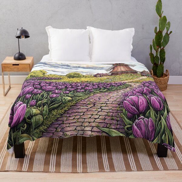 Item preview, Intricate Illustration of Tulip Fields with Traditional Dutch Windmill and Purple Tulips designed and sold by PaintbrushPlace.