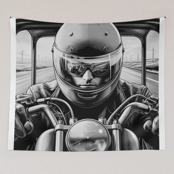 Item preview, Motorcycle and motorcyclist on the road, black and white graphics designed and sold by DotLineColor.