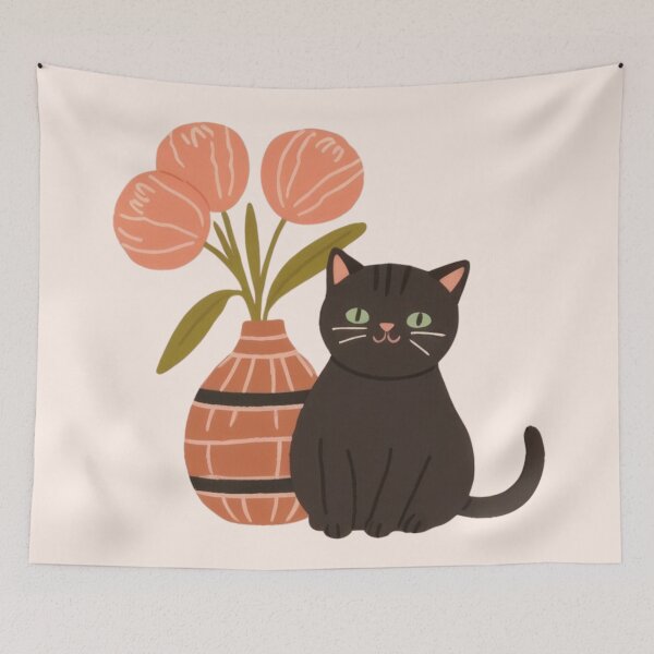 Item preview, Cute funny chubby kitty is guarding a vase with peonies. designed and sold by SaraSumi.