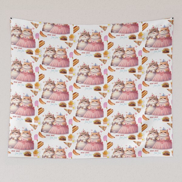 Item preview, Fat cat, princess cat, princess costume, princess and prince, cat with crown, baby cat, chubby cute kittens, two cat, surrounded by food. designed and sold by MigWhimsy.