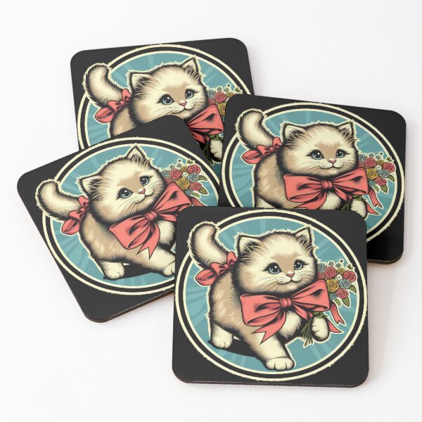 Item preview, Cute Kitten with Red Ribbon and Bouquet of Roses Vintage designed and sold by Expressions-Sel.