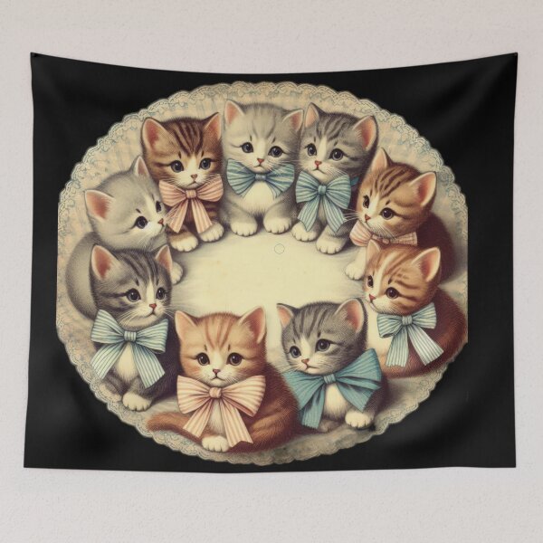 Item preview, kittens arranged in a circle with wearing vintage coloured bows designed and sold by Expressions-Sel.