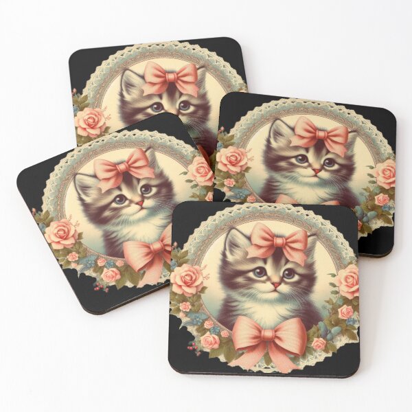 Item preview, pink Roses Flowers lace vintage kitti wearing pink bow designed and sold by Expressions-Sel.