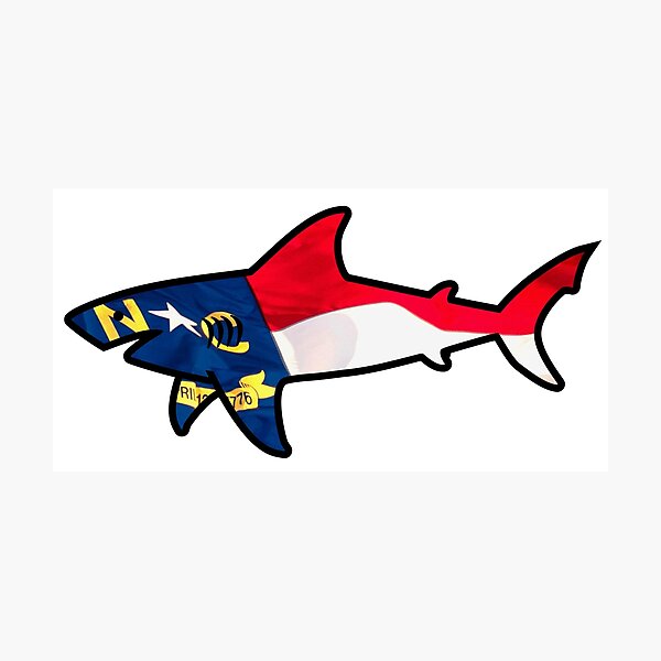 Version 4: North Carolina Flag Shark T-Shirt or Sticker, Scuba Diving Shirt tshirt, Bull Shark tee, Great White Shark t-shirt, bold vector art of modern take on beach sharks. Photographic Print