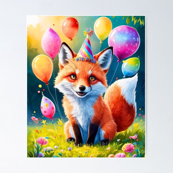 Item preview, Birthday Celebration. Birthday Fox. Adorable fox, birthday balloons, watercolor fox, fox drawing, floral fox designed and sold by FoxVibes.