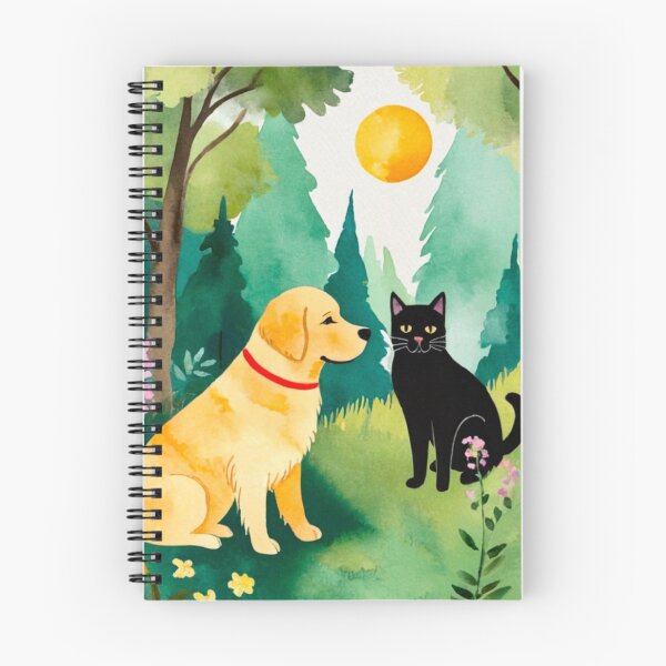 Item preview, Vintage Watercolor: Golden Retriever and Black Cat in Forest - Retro Nature Art designed and sold by MyDearLion.