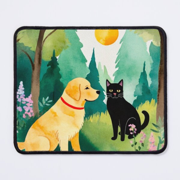 Item preview, Vintage Watercolor: Golden Retriever and Black Cat in Forest - Retro Nature Art designed and sold by MyDearLion.