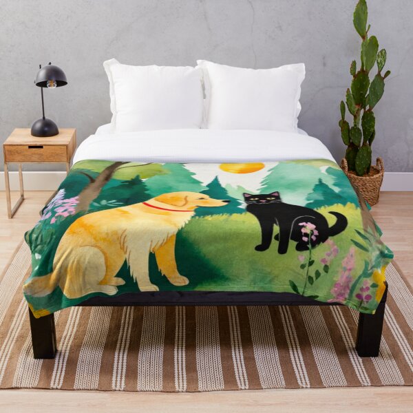Item preview, Vintage Watercolor: Golden Retriever and Black Cat in Forest - Retro Nature Art designed and sold by MyDearLion.