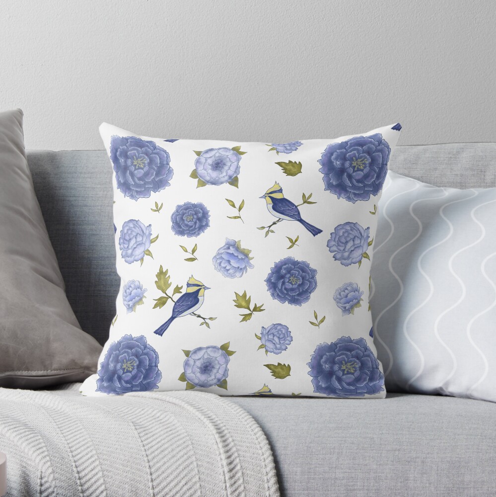 Birds and blue peonies art nouveau design Throw Pillow