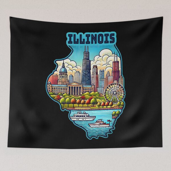 Item preview, Illinois State Map USA Skyline and Landmarks Illustration- travel souvenir art designed and sold by Unitepeople.