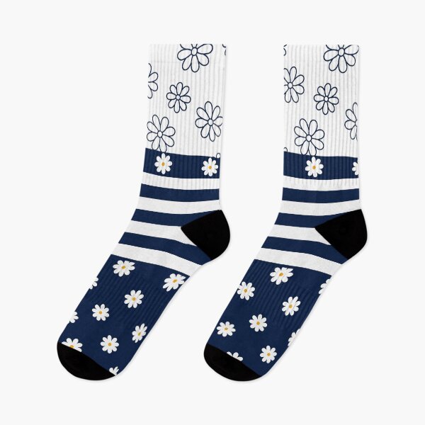 Item preview, Navy Blue and white simple daisy flower pattern with stripes designed and sold by Inktown.