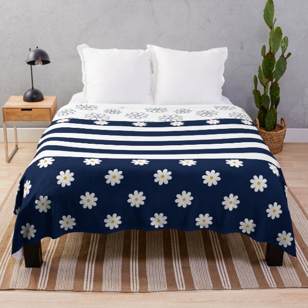 Item preview, Navy Blue and white simple daisy flower pattern with stripes designed and sold by Inktown.