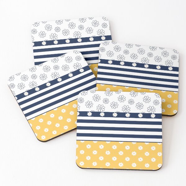 Item preview, Navy Blue yellow and white simple daisy flower pattern with stripes designed and sold by Inktown.