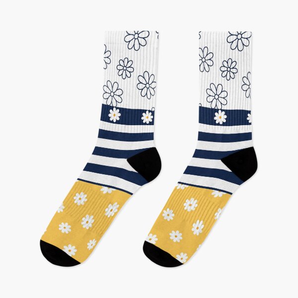 Item preview, Navy Blue yellow and white simple daisy flower pattern with stripes designed and sold by Inktown.