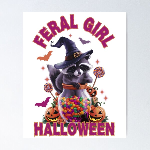 Item preview, Feral Girl Halloween: Cute Raccoon Witch With Candy and Pumpkins designed and sold by elynne9.
