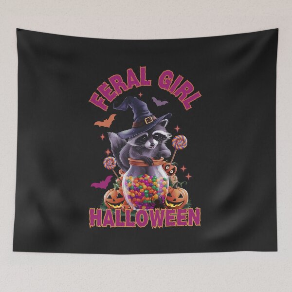 Item preview, Feral Girl Halloween: Cute Raccoon Witch With Candy and Pumpkins designed and sold by elynne9.