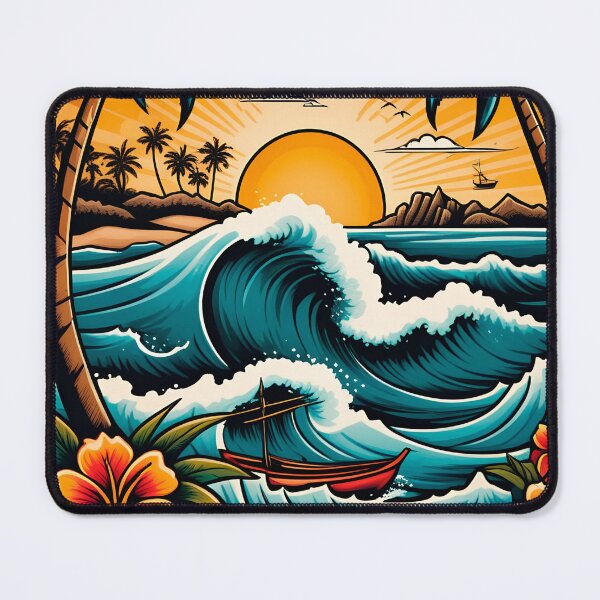 Item preview, RETRO VINTAGE TROPICAL BEACH / Gift items and personal use / Ocean, Summer, Sea, Palm Trees,  Sun, Waves, Travel, Digital Art,  designed and sold by LumDesignArt.