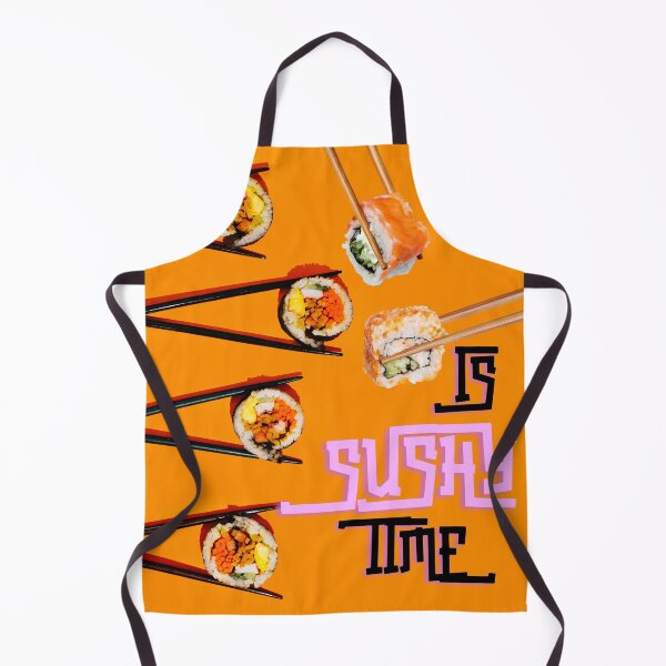 Aperçu de l'œuvre Collection de sushis avec baguettes et texte « SUSHI TIME » - Art numérique appétissant sur fond orange créée et vendue par tuschollos.