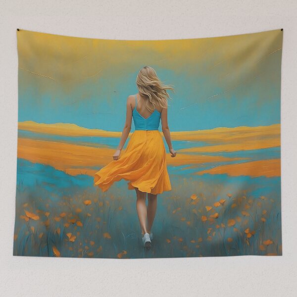 Item preview, Turquoise fields ! -  Vivid painting of Girl in yellow skirt designed and sold by UmagineArts.