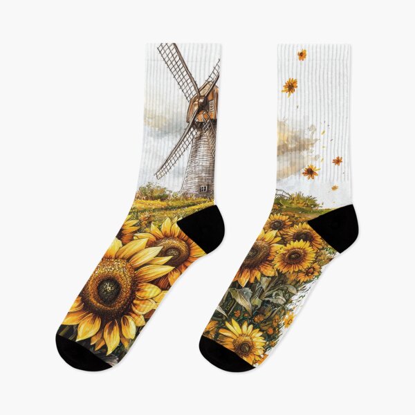 Artikelvorschau, Detaillierte Illustration von im Wind schwankenden Sonnenblumen mit rustikaler Windmühle im aufwendigen Stiftstil entworfen und verkauft von PaintbrushPlace.