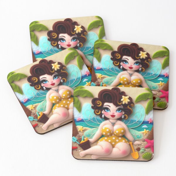 Item preview, Retro Burlesque Fairy at the Beach with Yellow Polka Dot Swimsuit designed and sold by FairytalePress.