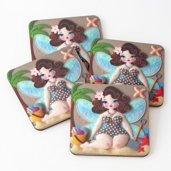 Item preview, Retro Burlesque Fairy at the Beach with Cocoa Polka Dot Swimsuit designed and sold by FairytalePress.
