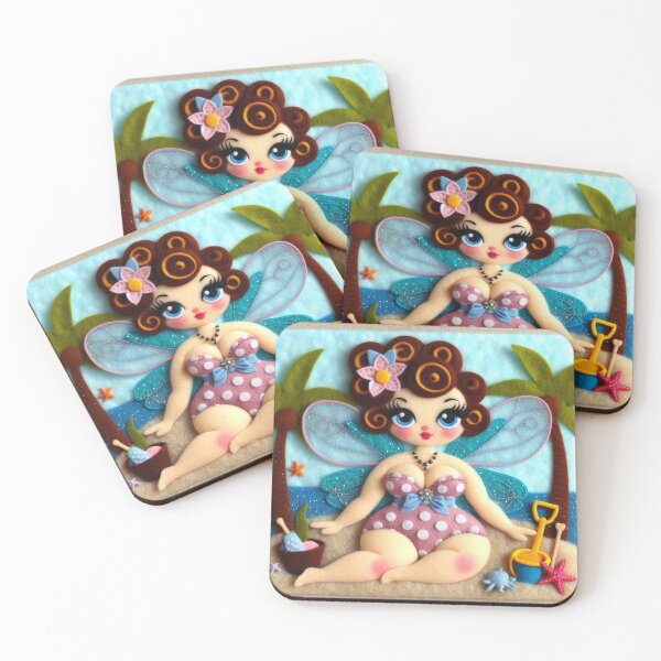 Item preview, Retro Burlesque Fairy at the Beach with Pink Polka Dot Swimsuit designed and sold by FairytalePress.