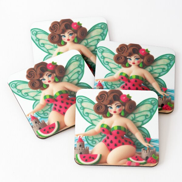 Item preview, Retro Burlesque Fairy at the Beach with Watermelon Swimsuit designed and sold by FairytalePress.