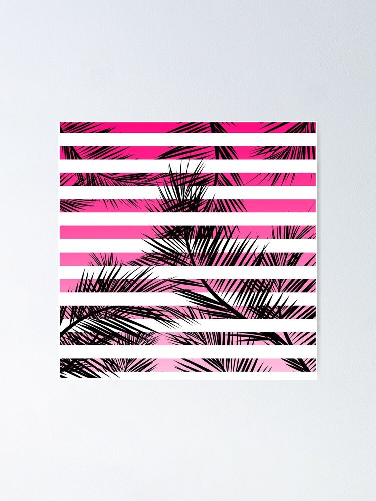 Tropical Neon Pink Pastel Ombre Gradient Palm Tree White Geometric Stripes By Girly Trend