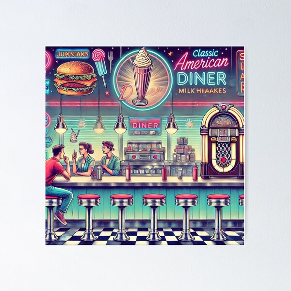Item preview, Retro American Diner Scene - Vintage 1950s Illustration designed and sold by VibeNest.