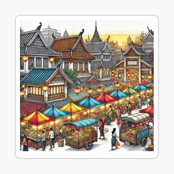 Vista previa del artículo con la obra «Vibrante mercado nocturno asiático - Ilustración de escena callejera tradicional», diseñado y vendido por VibeNest.