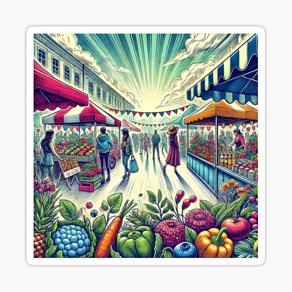 Vista previa del artículo con la obra «Mercado de agricultores con encanto - Ilustración colorida de la escena al aire libre», diseñado y vendido por VibeNest.