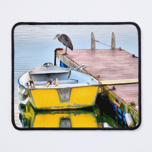 Item preview, Yellow Skiff and Great Blue Heron on Lopez Island designed and sold by SeaChangeDesign.