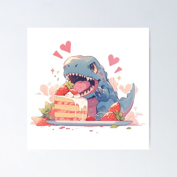Item preview, T-Rex dinosaur eating strawberry cake designed and sold by WoollenLlama.
