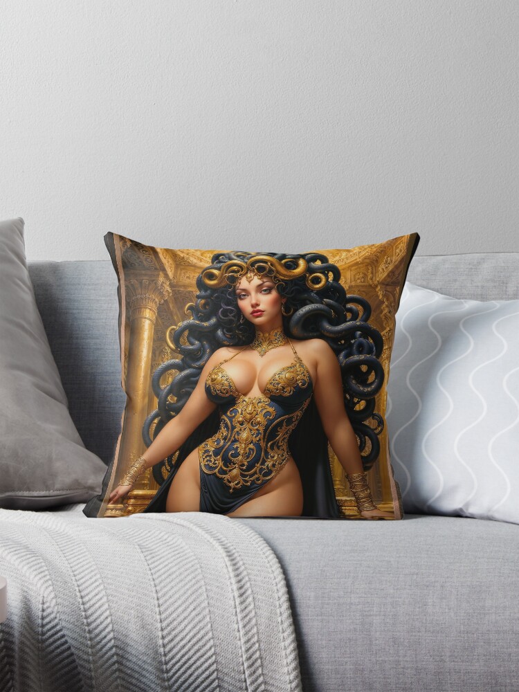 The Medusan Queen in Her Golden Palace Fantasy Art Pin-Up Girl Illustration AI Concept Art by Xzendor7- Her Mesmerizing Allure 4 The Medusan Queen in Her Golden Palace Fantasy Art Pin-Up Girl Illustration Gorgeous AI Concept Art by Xzendor7 Decorative Art Print Throw Pillow